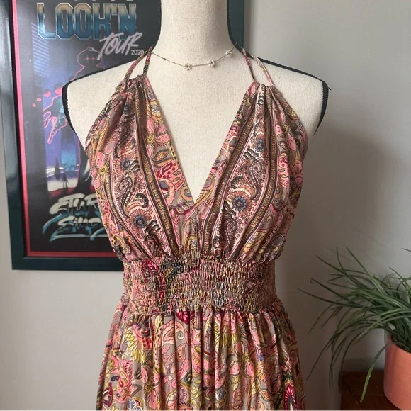 Smocked Halter Maxi Dress in Pink Paisley - Picture 2 of 5